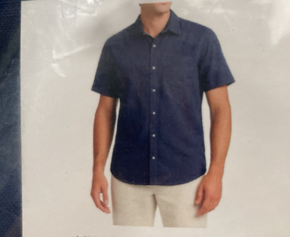 Lands' End Cotton Linen Blend Short Sleeve Shirt Men's 3XL Navy Button Up NEW